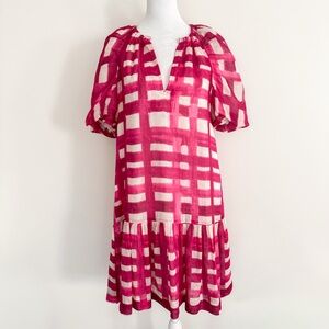 Marie Oliver Greta Dress Iris Madras XS Pink Brushstroke Plaid Silk Linen Blend